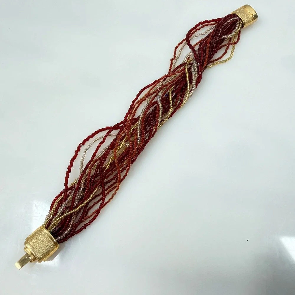 Murano Glass Bracelet Multi Strand Micro Seed Beads Torsade Red Silver Gold 7.25